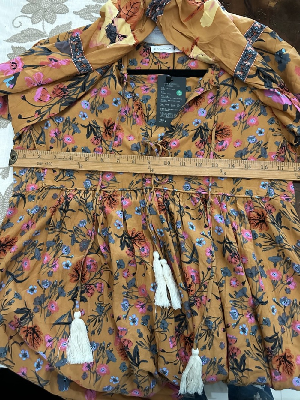 Mustard Floral Maxi Dress Boho Tiered V-Neck Long Balloon Sleeve Tassel Tie - Picture 4 of 10